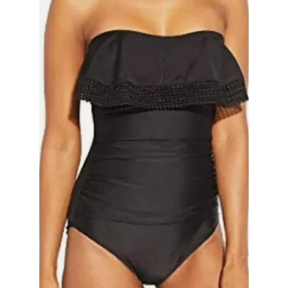 KONA SOL Black Strapless One Piece Ruffle Swimsuit Medium‎ Swimwear Womens